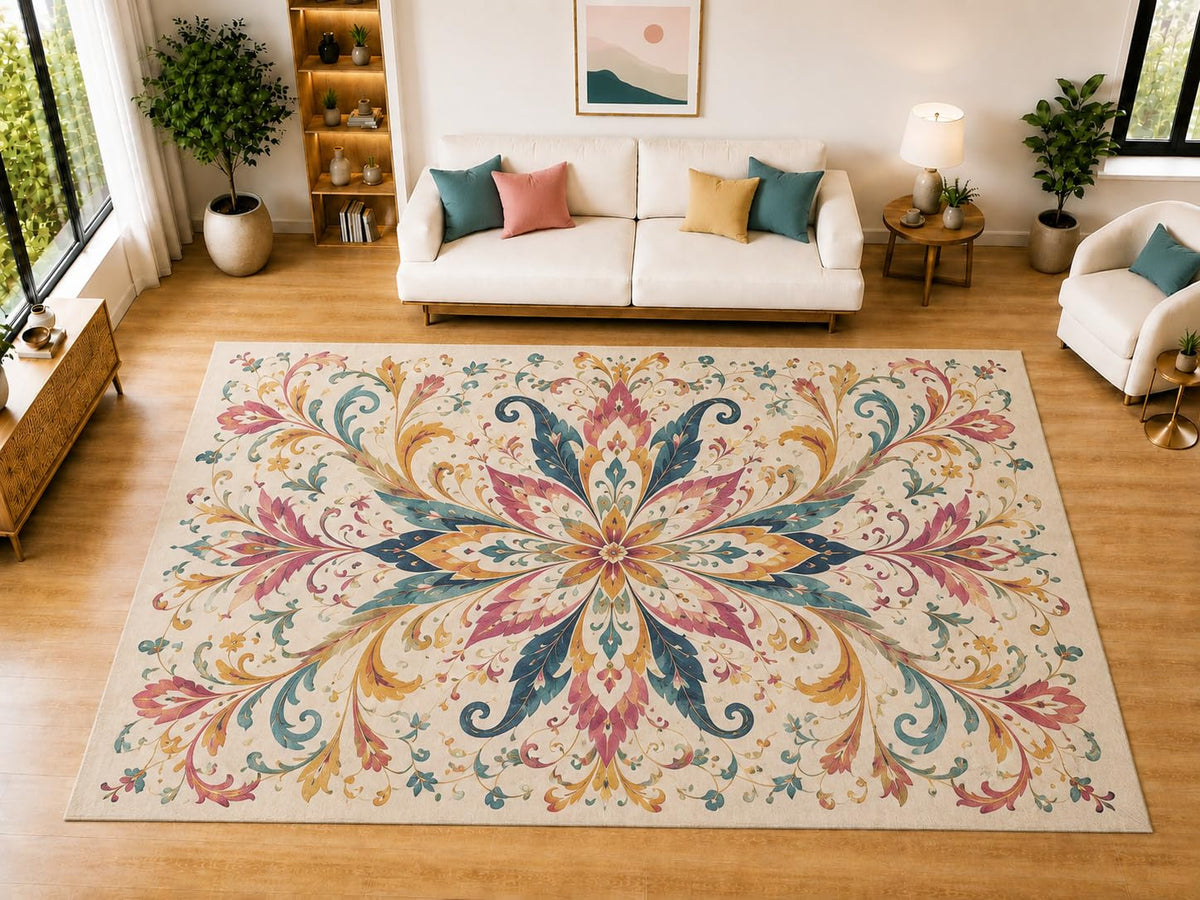 ICE ARMOR "Ultra Light Weight Large 6'7" x 9'10" Colorful Floral Flourish Area Rug for Living Room, Bedroom, Dining Room, Soft Low Pile Non-Slip Backing, Teal Rose Mustard