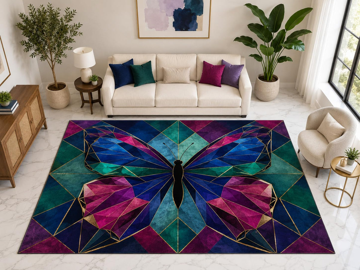 ICE ARMOR "Ultra Light Weight Large 6'7" x 9'10" Geometric Butterfly Rug, Soft Low Pile Indoor Rug, Non-Slip Silicone Backing for Living Room Teal