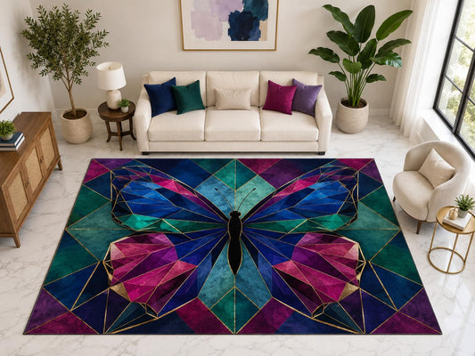ICE ARMOR "Ultra Light Weight Large 6'7" x 9'10" Geometric Butterfly Rug, Soft Low Pile Indoor Rug, Non-Slip Silicone Backing for Living Room Teal