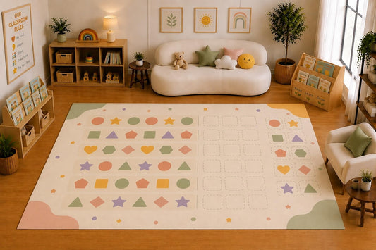 ICE ARMOR Large 6'7" x 9'10" Shape Pattern Matching Area Rug for for Kids Room, Classroom, Bedroom, Playroom Decor, Soft Low Pile Indoor Rug with Non-Slip Silicone Backing, Pastel Multicolor