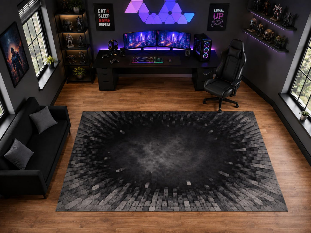 ICE ARMOR "Ultra Light Weight Large 6'7" x 9'10" Pixel Block Tunnel Pattern Area Rug for Playroom Decor, Soft Low Pile Indoor Rug with Non-Slip Silicone Backing, Black Gray