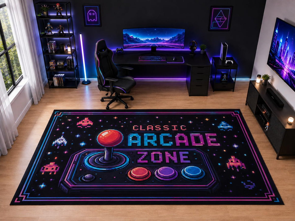 ICE ARMOR "Ultra Light Weight Large 6'7" x 9'10" Classic Arcade Joystick Area Rug for Kids Room Playroom, Soft Low Pile Indoor Rug and Non-Slip Silicone Backing, Black