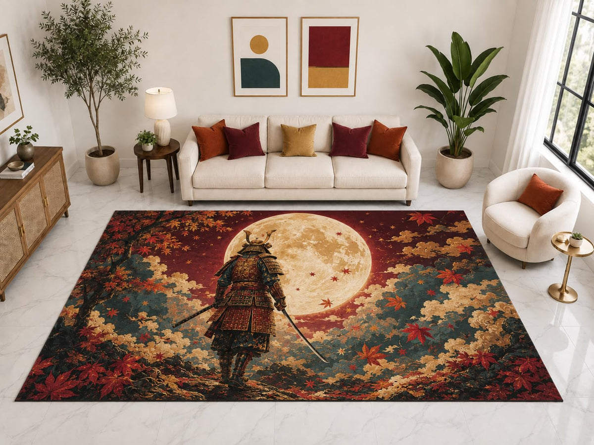 ICE ARMOR "Ultra Light Weight Large 6'7" x 9'10" Samurai Full Moon Forest Rug, Soft Low Pile Indoor Rug, Non-Slip Silicone Backing for Bedroom Red