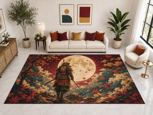 ICE ARMOR "Ultra Light Weight Large 6'7" x 9'10" Samurai Full Moon Forest Rug, Soft Low Pile Indoor Rug, Non-Slip Silicone Backing for Bedroom Red
