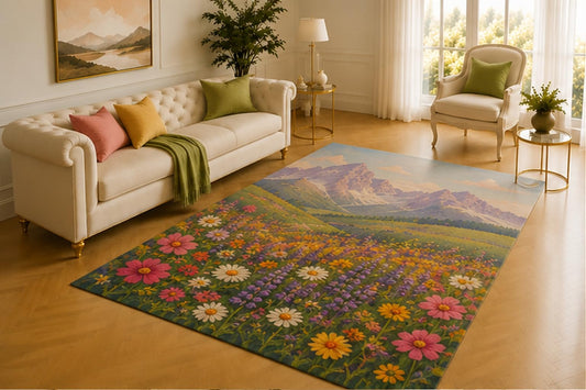 ICE ARMOR 5' x 7' Alpine Wildflower Rug, Colorful Meadow Beneath Rugged Mountain Peaks and Blue Sky, Scenic Accent for Living Room, Bedroom, Cabin or Home Office
