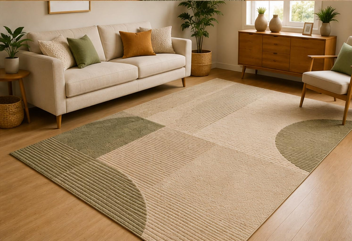 ICE ARMOR 5' x 7' Scandinavian Geometric Panel Area Rug for Living Room, Soft Low Pile Indoor Rug with Non-Slip Silicone Backing, Minimalist for Bedroom, Dining Room, Office, Sage Green Beige