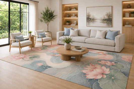 ICE ARMOR Large 6'7" x 9'10" Blue Gray, Blush Pink and Sage Lotus Pond Area Rug for Living Room, Soft Low Pile Carpet with Non-Slip Silicone Backing, Decor for Bedroom and Home Office