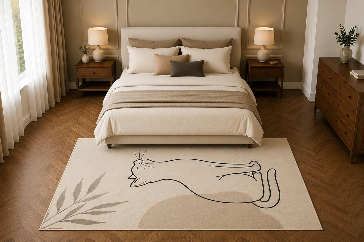 ICE ARMOR 5' x 7' Minimalist Cat Line Art Area Rug, Modern Abstract Pet Living Room Bedroom Decor, Non-Slip Silicone Backing Low Pile Carpet