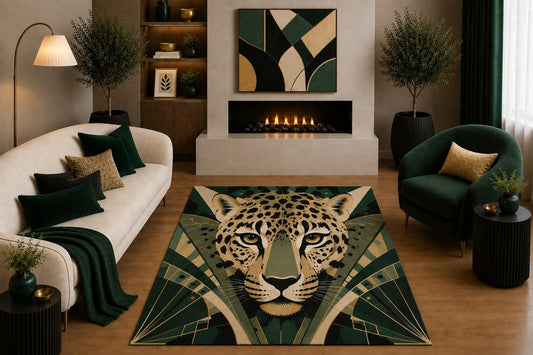 ICE ARMOR "Ultra Light Weight 5' x 7' Green Gold Leopard Area Rug Art Deco Geometric Big Cat Wildlife Decor for Living Room Bedroom Office Non-Slip Silicone Backing Low Pile