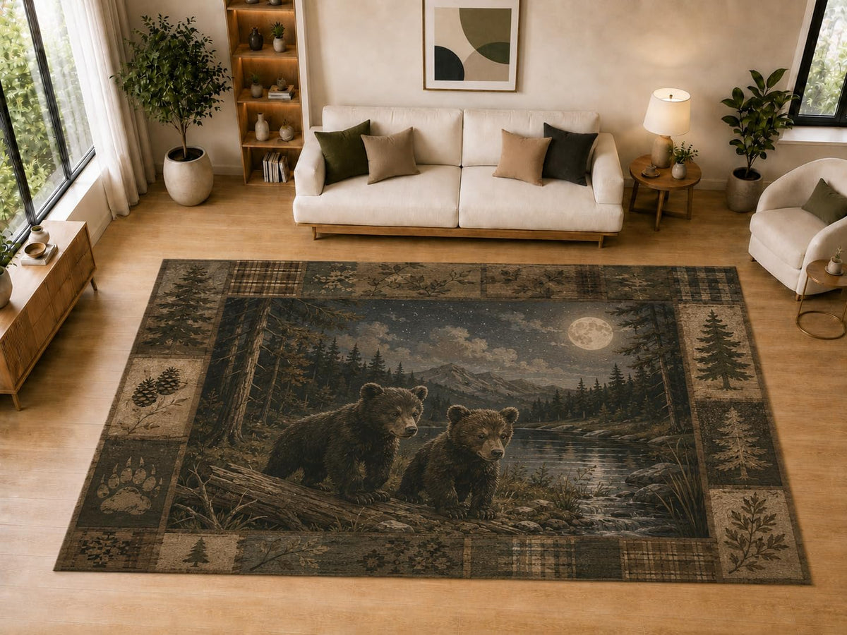 ICE ARMOR "Ultra Light Weight Large 6'7" x 9'10" Bear Cubs Moon Forest Decor, Living Room, Bedroom, Dining Room, Office, Family Room, Soft Low Pile Indoor Rug, Non-Slip Silicone Backing, Brown