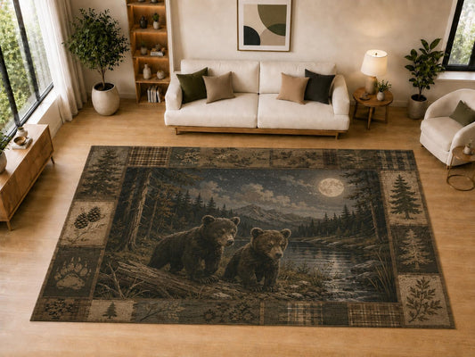 ICE ARMOR "Ultra Light Weight Large 6'7" x 9'10" Bear Cubs Moon Forest Decor, Living Room, Bedroom, Dining Room, Office, Family Room, Soft Low Pile Indoor Rug, Non-Slip Silicone Backing, Brown