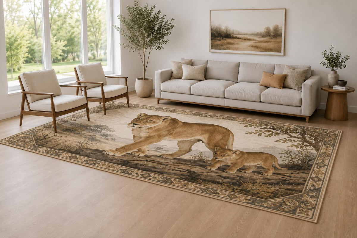 ICE ARMOR Large 6'7" x 9'10" Taupe and Brown Lioness Cub Accent Area Rug for Living Room, Soft Low Pile Carpet with Non-Slip Silicone Backing, Decor for Bedroom and Home Office