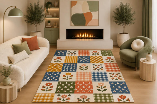 ICE ARMOR 5' x 7' Cottagecore Patchwork Floral Area Rug Retro Flower Gingham Pattern Blue Orange Green Cream for Living Room Bedroom Non-Slip Silicone Backing Low Pile