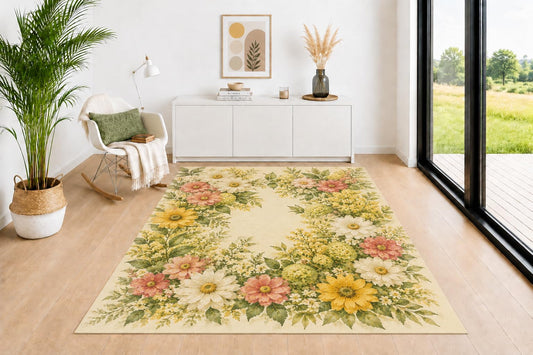 ICE ARMOR 5' x 7' Cottage Garden Bouquet Area Rug for Living Room, Soft Low Pile Indoor Rug with Non-Slip Backing, Floral Carpet for Bedroom, Dining Room, Office, Yellow Cream