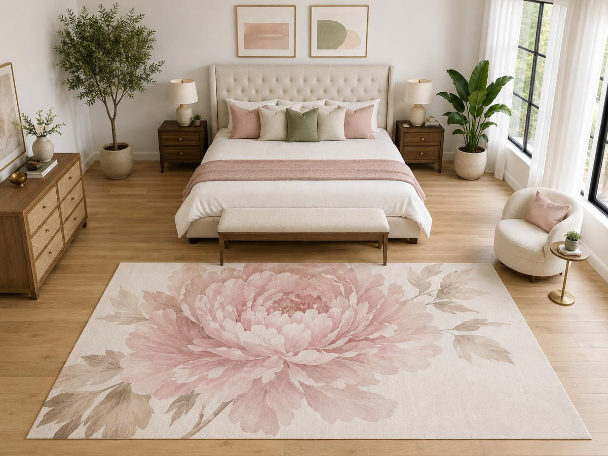 ICE ARMOR "Ultra Light Weight Large 6'7" x 9'10" Watercolor Peony Rug, Soft Low Pile Indoor Rug, Non-Slip Silicone Backing for Bedroom Blush Pink