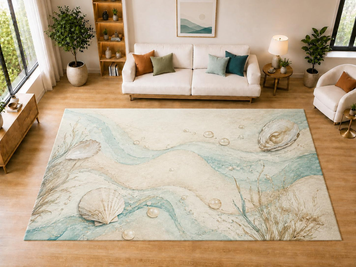 ICE ARMOR "Ultra Light Weight Large 6'7" x 9'10" Pearl Oyster Waves Area Rug for Dining, Living Room, Bedroom, Soft Low Pile Indoor Rug with Non-Slip Silicone Backing, Aqua Cream