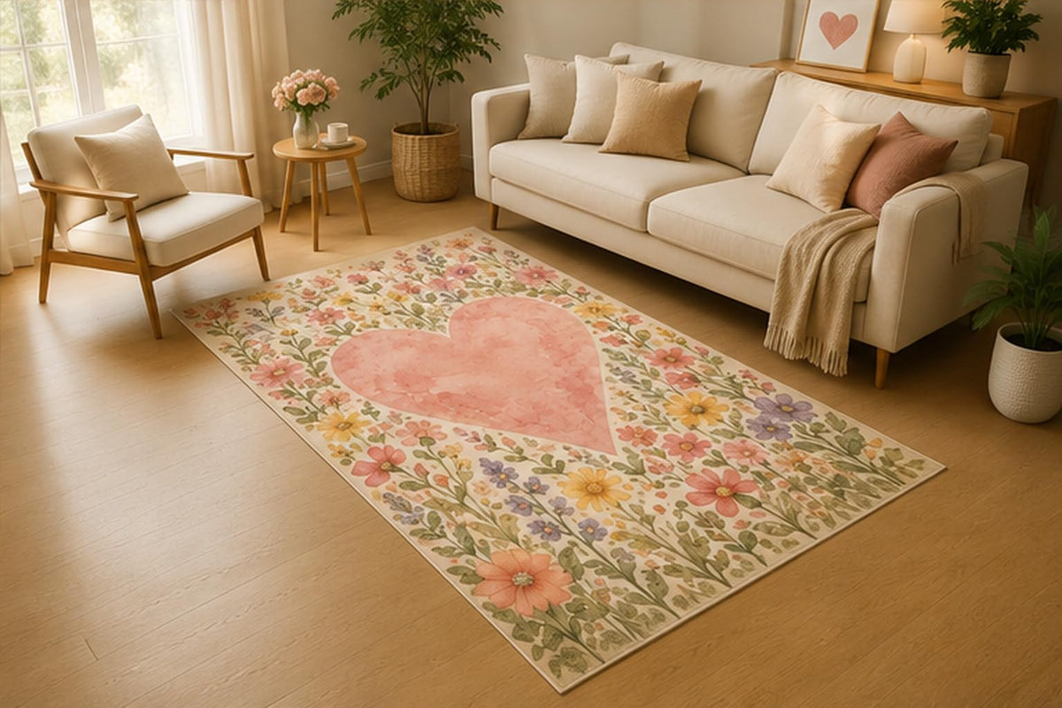 ICE ARMOR 5' x 7' Large Heart Wildflower Meadow Area Rug, Soft Low Pile Indoor Rug with Non-Slip Silicone Backing for Living Room, Bedroom, Family Room, Nursery, Kids & Pets, Pink Green Beige