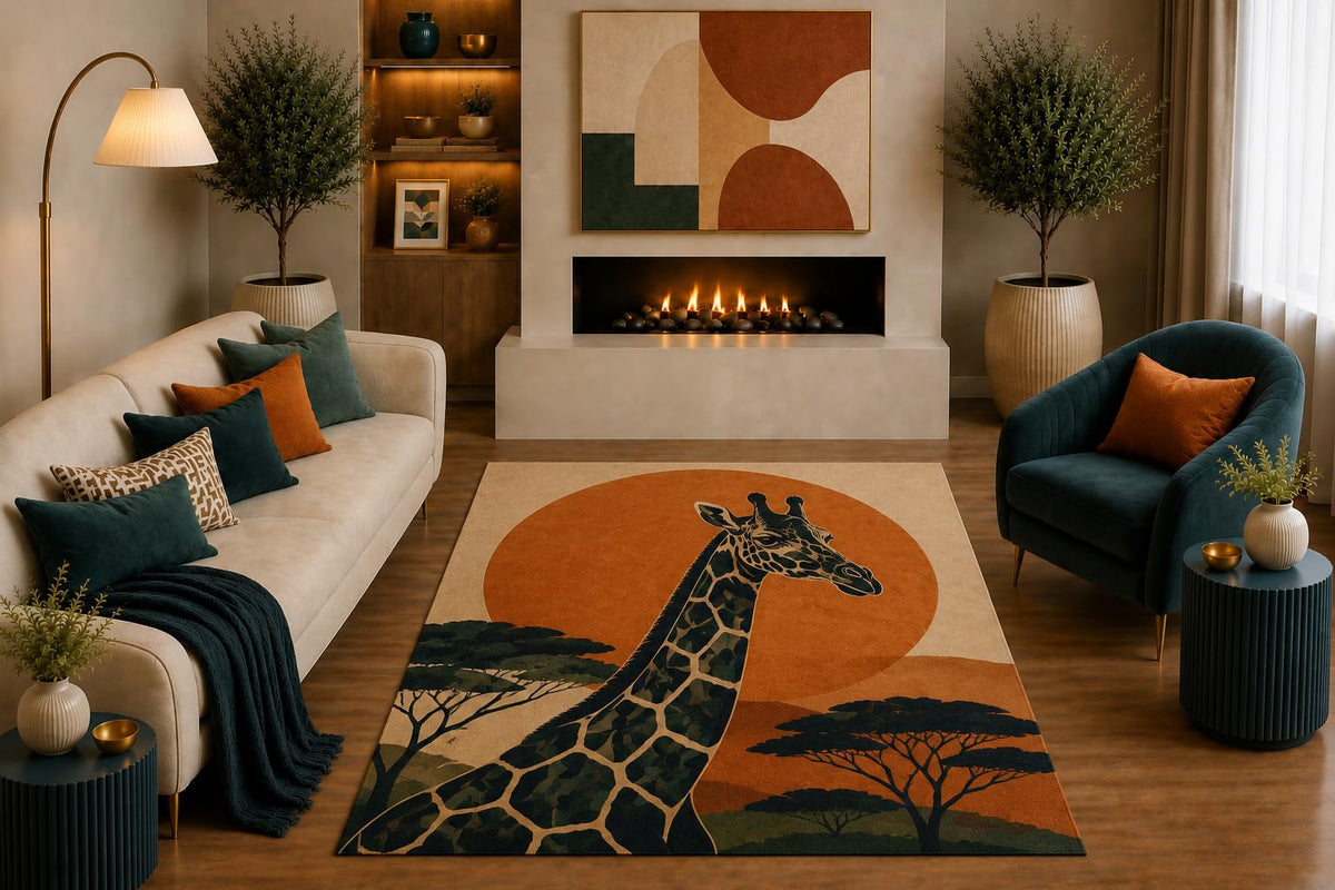 ICE ARMOR "Ultra Light Weight 5' x 7' Giraffe Sunset Area Rug African Safari Wildlife Art with Acacia Trees for Living Room Bedroom Office Decor Non-Slip Silicone Backing Low Pile