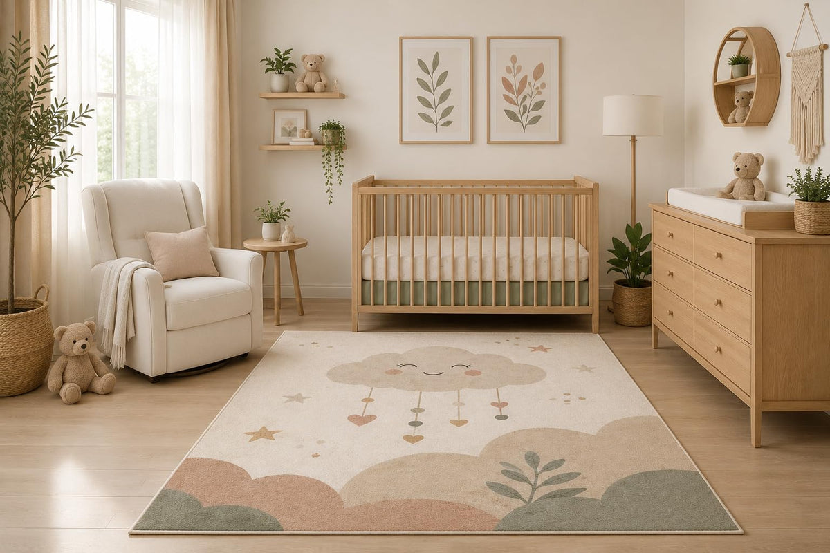 ICE ARMOR 5' x 7' Cute Smiling Cloud Area Rug, Pastel Rainbow Sky Nursery Kids Bedroom Playroom Decor, Non-Slip Silicone Backing Low Pile Indoor Carpet