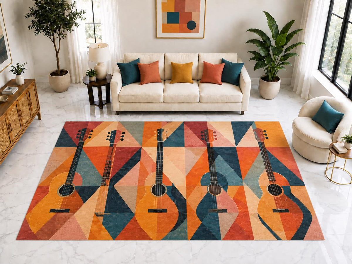 ICE ARMOR "Ultra Light Weight Large 6'7" x 9'10" Acoustic Guitar Pattern Rug, Soft Low Pile Indoor Rug, Non-Slip Silicone Backing for Bedroom Orange