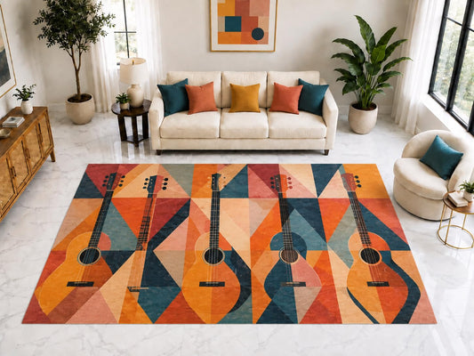 ICE ARMOR "Ultra Light Weight Large 6'7" x 9'10" Acoustic Guitar Pattern Rug, Soft Low Pile Indoor Rug, Non-Slip Silicone Backing for Bedroom Orange