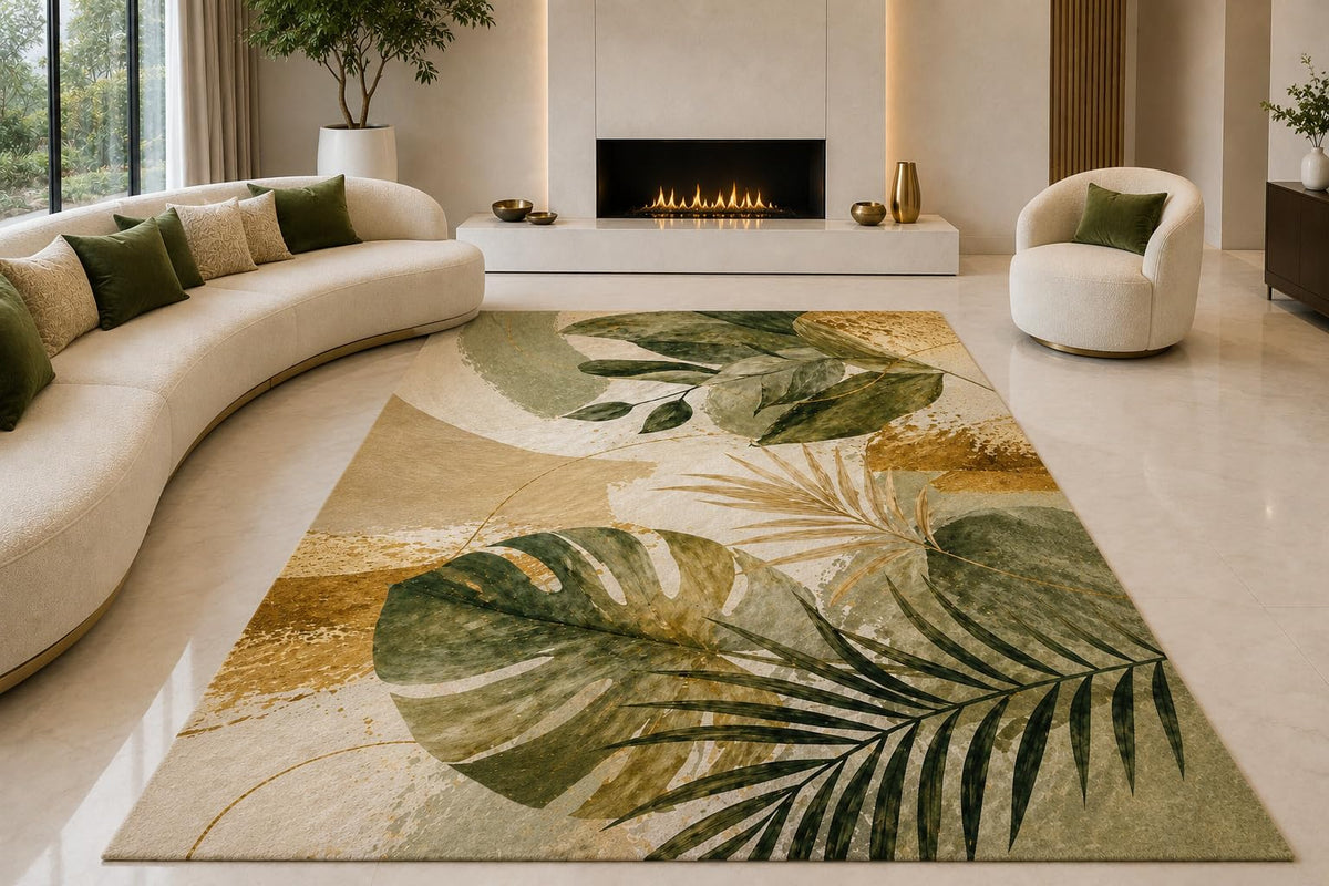 ICE ARMOR "Ultra Lightweight Large 6'7" x 9'10" Tropical Leaf Collage Area Rug for Living Room, Bedroom and Home Office, Soft Low Pile Carpet with Non-Slip Silicone Backing, Green and Beige