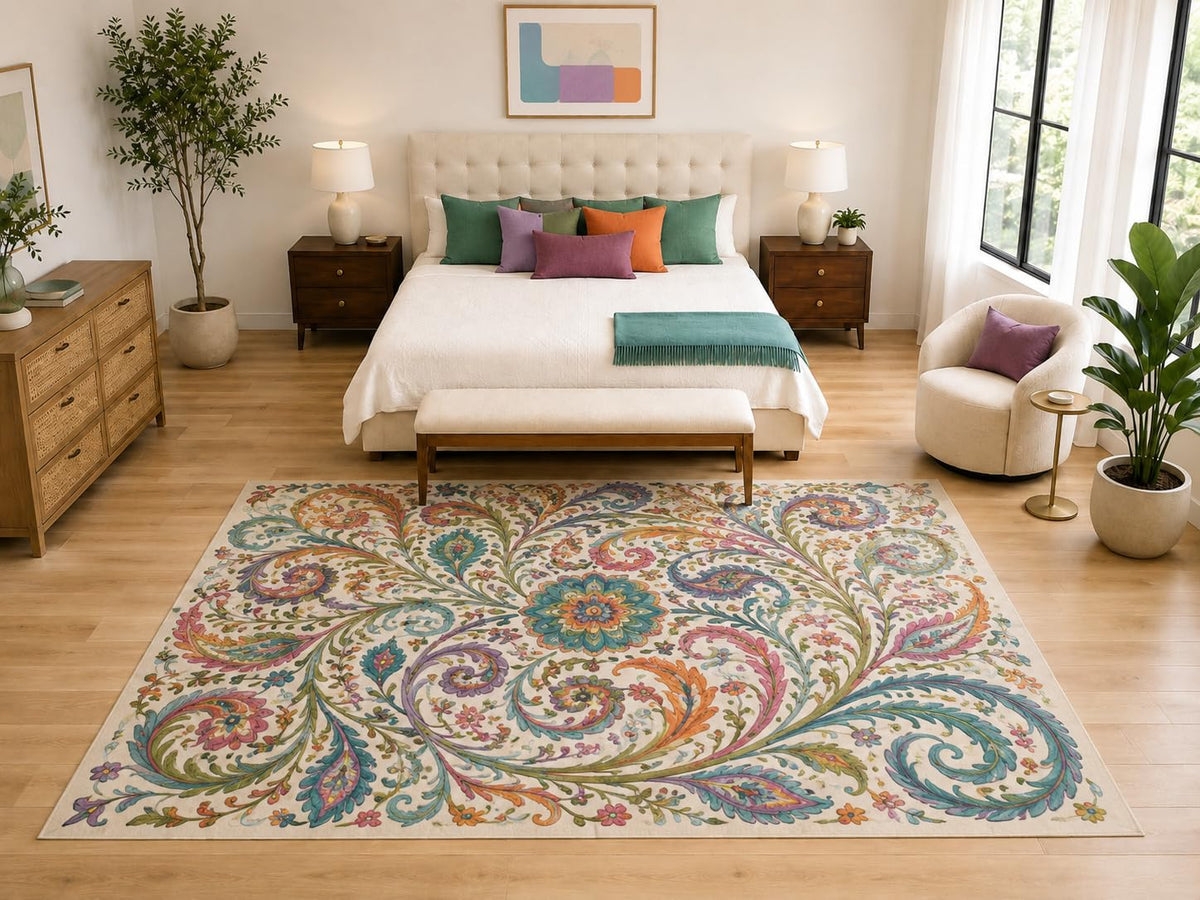 ICE ARMOR "Ultra Light Weight Large 6'7" x 9'10" Pastel Floral Scroll Rug, Soft Low Pile Indoor Rug, Non-Slip Silicone Backing for Bedroom Beige