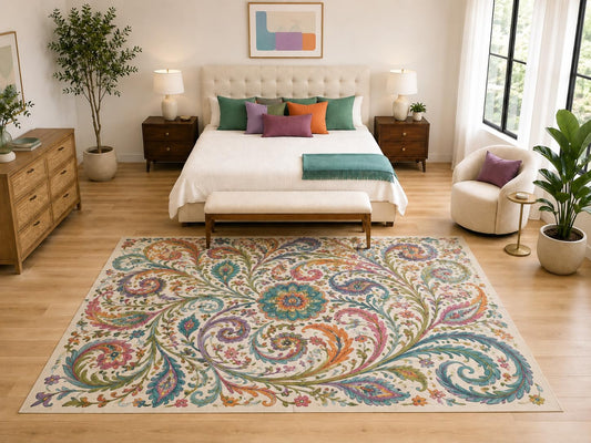 ICE ARMOR "Ultra Light Weight Large 6'7" x 9'10" Pastel Floral Scroll Rug, Soft Low Pile Indoor Rug, Non-Slip Silicone Backing for Bedroom Beige
