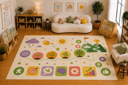 ICE ARMOR Large 6'7" x 9'10" Growth Mindset Learning Journey Area Rug for for Kids Room, Classroom, Bedroom, Playroom Decor, Soft Low Pile Indoor Rug with Non-Slip Silicone Backing, Cream Multicolor