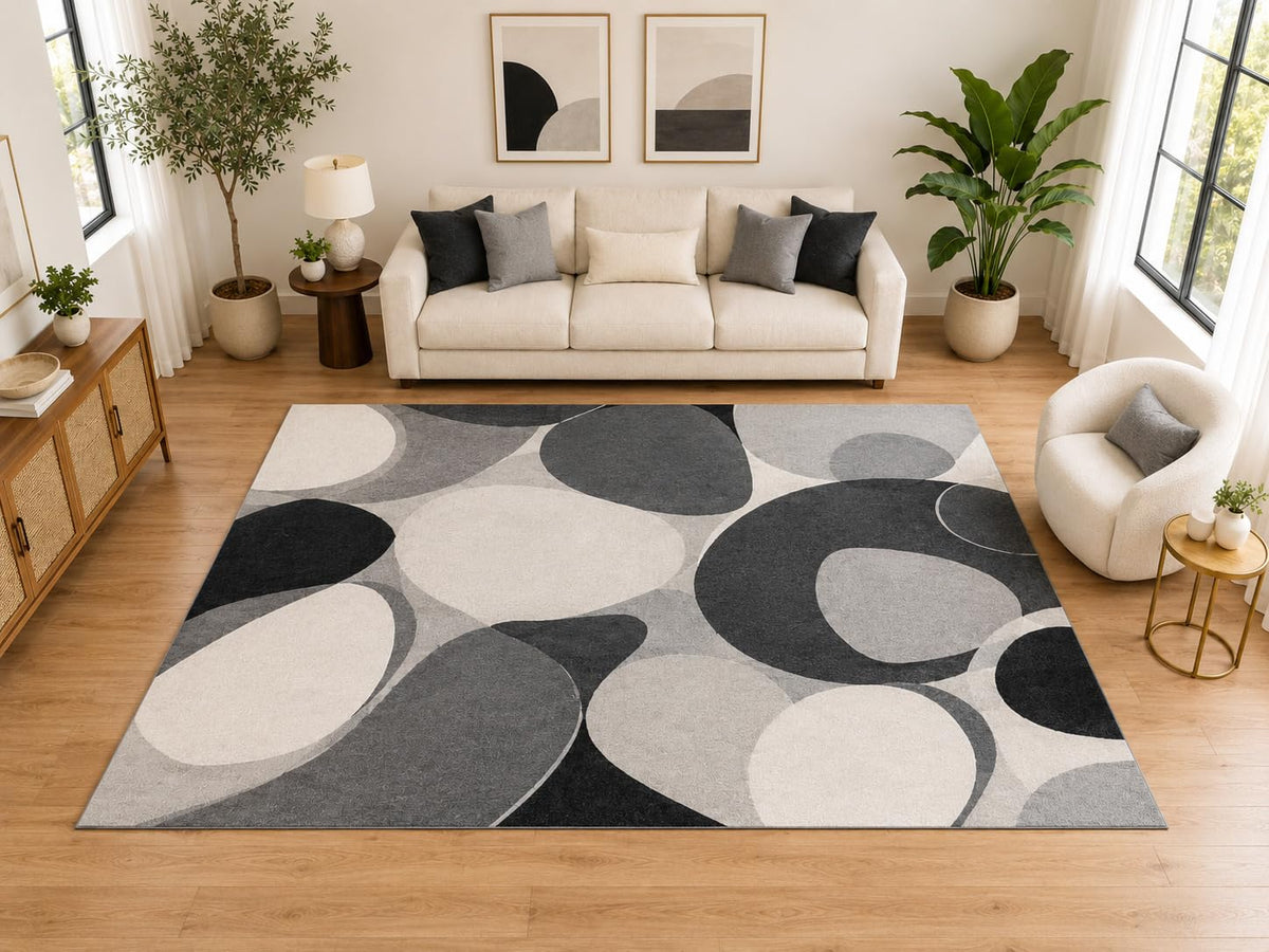 ICE ARMOR "Ultra Light Weight Large 6'7" x 9'10" Abstract Pebble Shape Area Rug, Soft Low Pile Indoor Rug and Non-Slip Silicone Backing for Living Room Bedroom, Gray