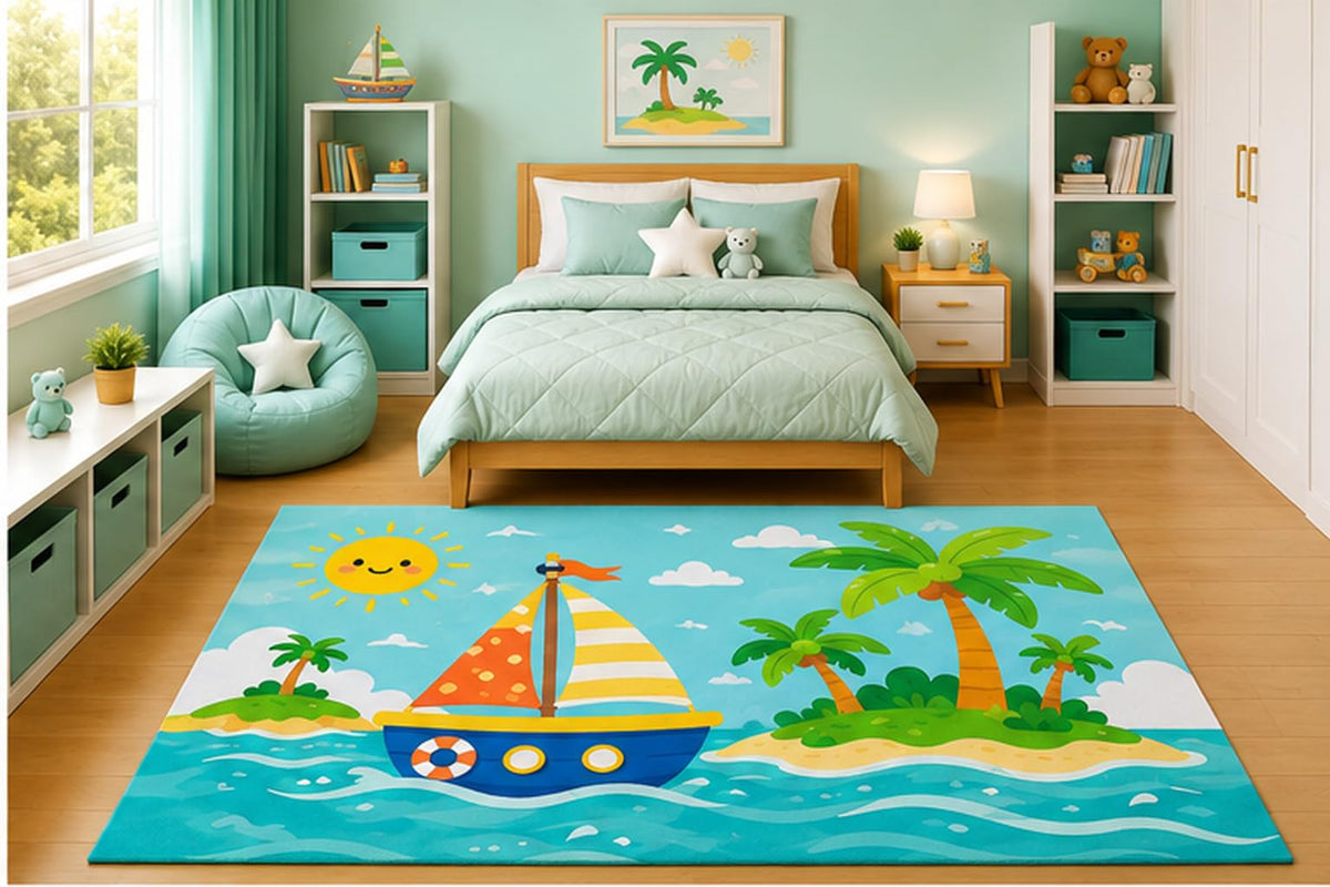 ICE ARMOR 5' x 7' Sailboat Island Adventure Area Rug for Boys Bedroom Nursery Playroom Scandinavian Minimalist Tropical Nautical Coastal Decor Non-Slip Silicone Backing Low Pile