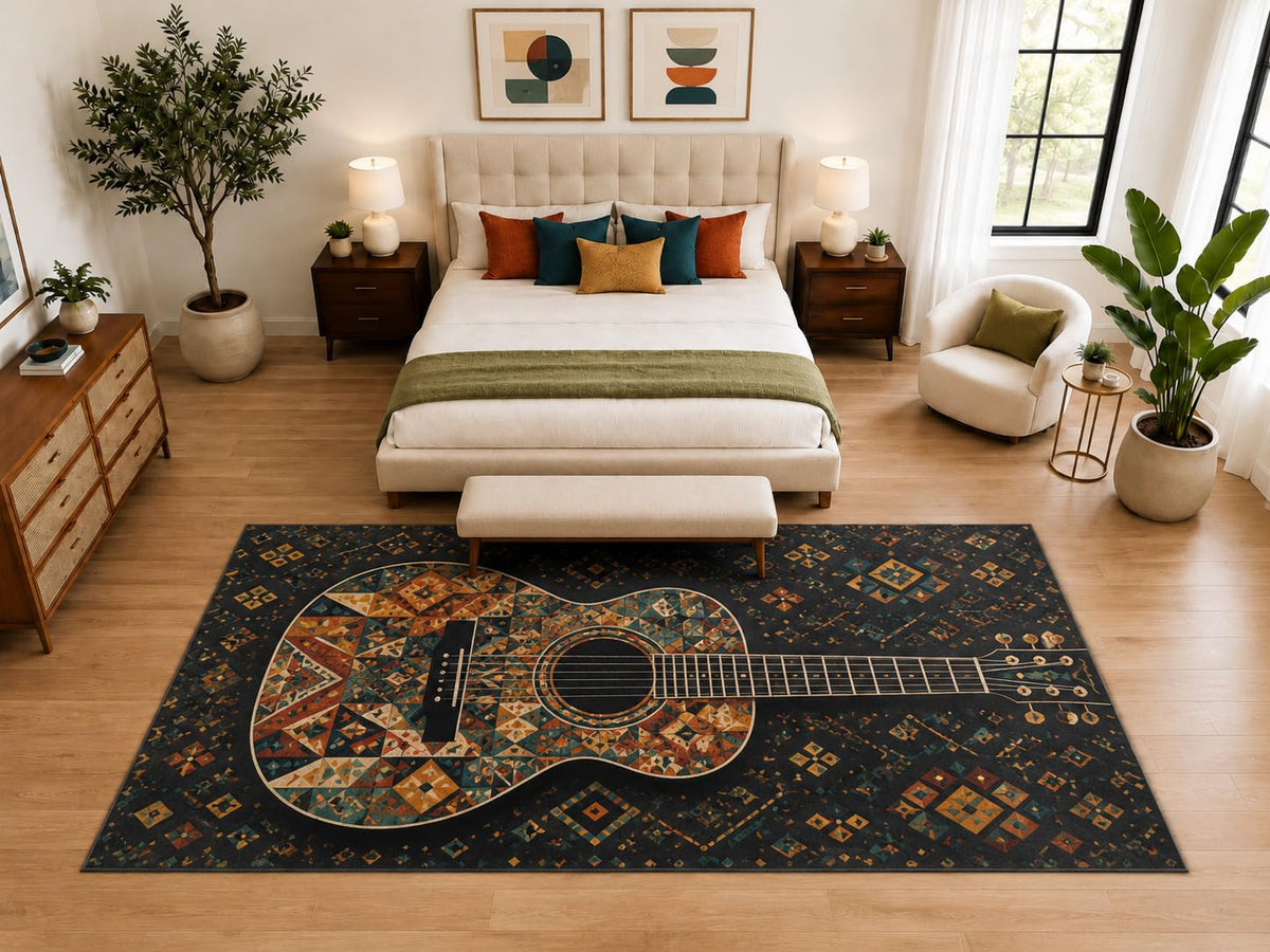 ICE ARMOR "Ultra Light Weight Large 6'7" x 9'10" Boho Acoustic Guitar Rug, Soft Low Pile Indoor Rug, Non-Slip Silicone Backing for Bedroom Black