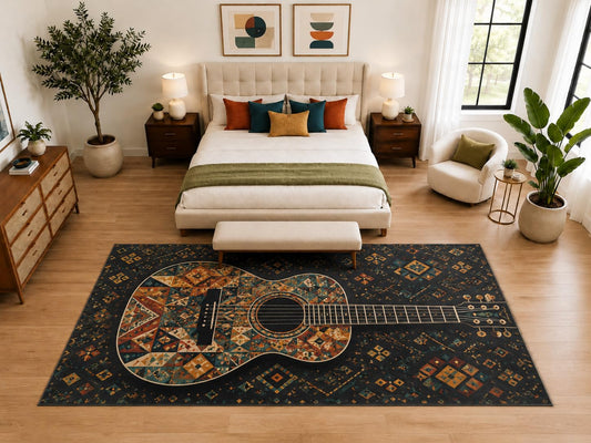 ICE ARMOR "Ultra Light Weight Large 6'7" x 9'10" Boho Acoustic Guitar Rug, Soft Low Pile Indoor Rug, Non-Slip Silicone Backing for Bedroom Black