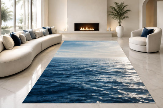 ICE ARMOR "Ultra Lightweight Large 6'7" x 9'10" Open Ocean Horizon Area Rug for Living Room, Bedroom and Home Office, Soft Low Pile Carpet with Non-Slip Silicone Backing, Blue and White