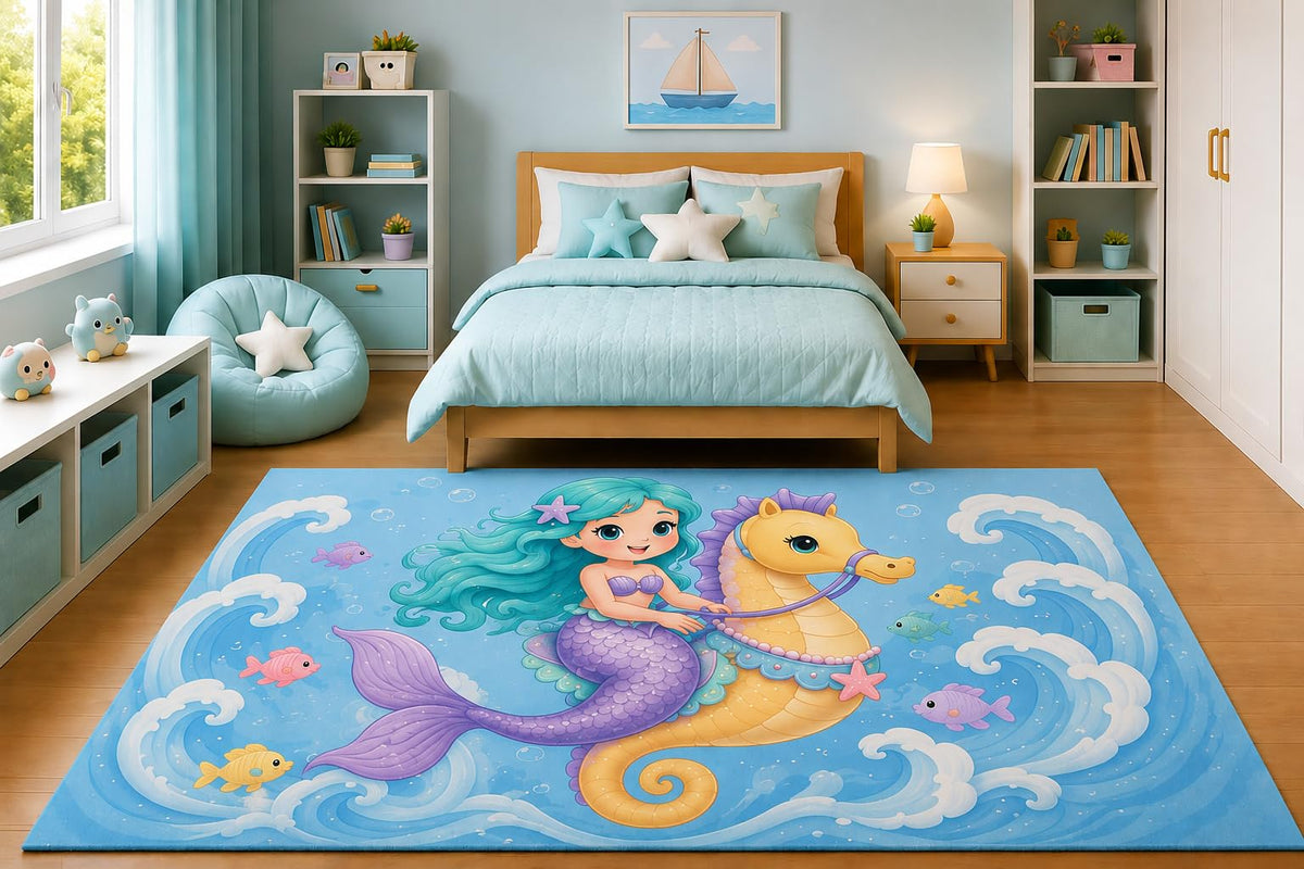 ICE ARMOR 5' x 7' Mermaid Riding Seahorse Ocean Waves Area Rug for Girls Bedroom Nursery Playroom Scandinavian Minimalist Coastal Fantasy Decor Non-Slip Silicone Backing Low Pile