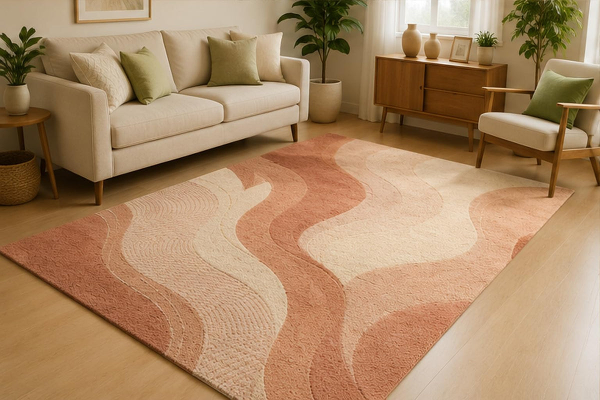 ICE ARMOR 5' x 7' Contemporary Curved Wave Area Rug for Living Room, Soft Low Pile Indoor Rug with Non-Slip Silicone Backing, Modern Abstract Carpet for Bedroom, Office, Family Room, Blush Pink Beige