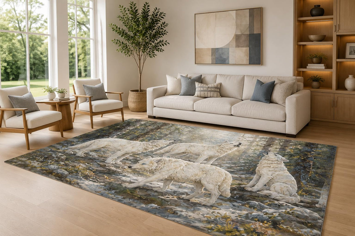 ICE ARMOR Large 6'7" x 9'10" White and Charcoal Wolf Pack Area Rug for Living Room, Soft Low Pile Carpet with Non-Slip Silicone Backing, Decor for Bedroom and Home Office