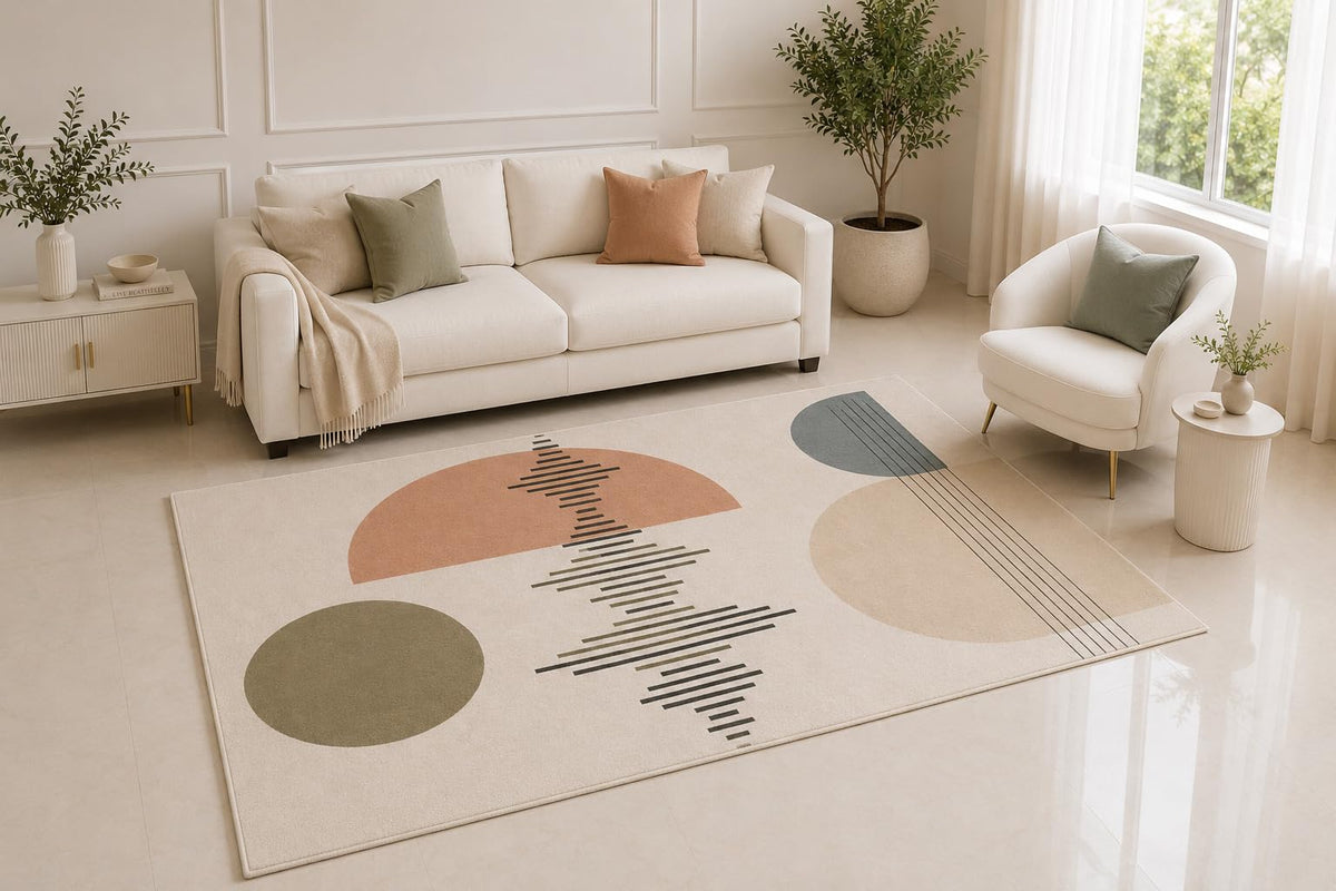 ICE ARMOR 5' x 7' Mid Century Modern Geometric Area Rug, Abstract Circles and Lines Neutral Design for Living Room Bedroom Office, Non-Slip Silicone Backing Low Pile