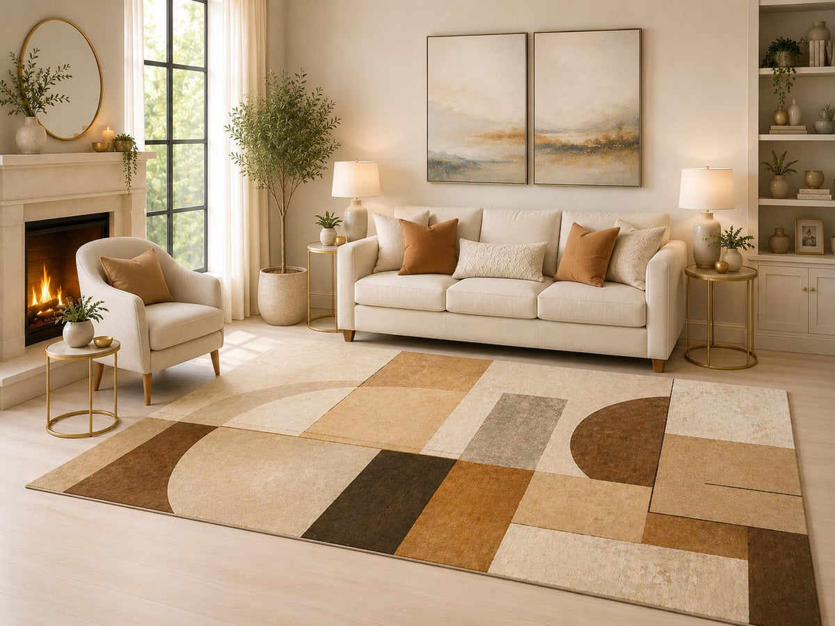 ICE ARMOR 6'7" x 9'10" Neutral Geometric Blocks Area Rug for Living Room, Soft Low Pile Indoor Rug with Non-Slip Silicone Backing, Decorative Carpet for Bedroom, Dining Room and Office, Brown