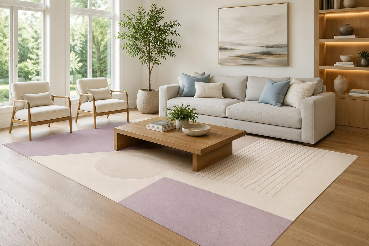 ICE ARMOR Large 6'7" x 9'10" Lavender and Ivory Modern Shape Grid Area Rug for Living Room, Soft Low Pile Carpet with Non-Slip Silicone Backing, Decor for Bedroom, Dining Area and Home Office