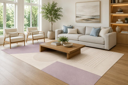 ICE ARMOR Large 6'7" x 9'10" Lavender and Ivory Modern Shape Grid Area Rug for Living Room, Soft Low Pile Carpet with Non-Slip Silicone Backing, Decor for Bedroom, Dining Area and Home Office