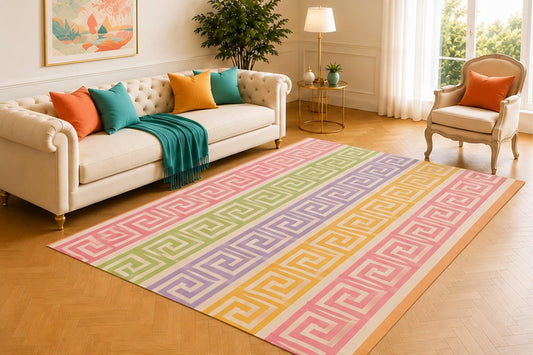 ICE ARMOR 5' x 7' Greek Key Stripe Area Rug, Modern Geometric Border Pattern in Pink Sage Green Lavender Yellow and Cream, Soft Low Pile Carpet for Living Room Bedroom Office