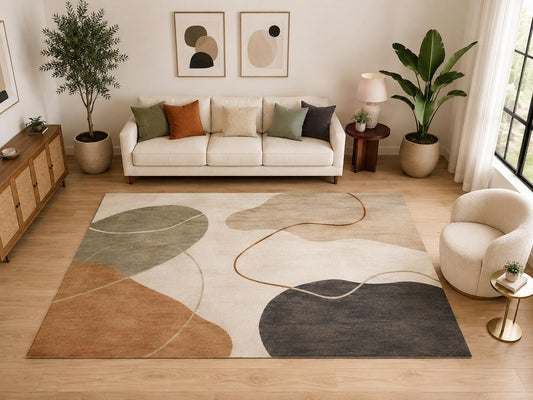 ICE ARMOR "Ultra Light Weight Large 6'7" x 9'10" Organic Abstract Area Rug, Soft Low Pile Indoor Rug and Non-Slip Silicone Backing for Living Room Bedroom, Beige Brown
