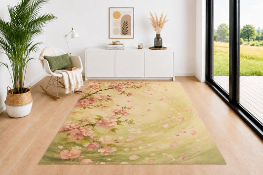 ICE ARMOR 5' x 7' Cherry Blossom Area Rug for Living Room, Soft Low Pile Indoor Rug with Non-Slip Backing, Sakura Carpet for Bedroom, Dining Room, Office, Pink Green
