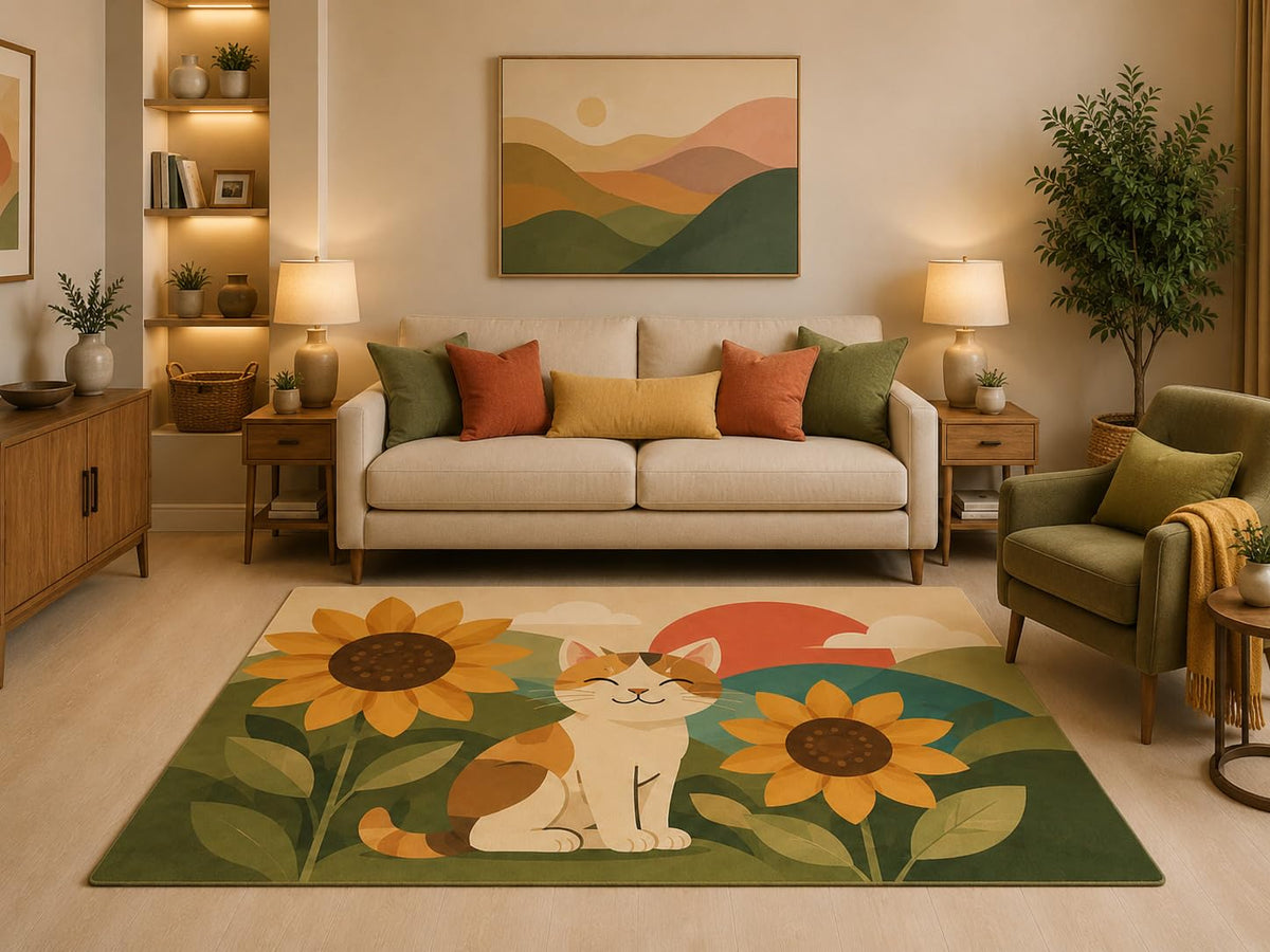 ICE ARMOR 5' x 7' Scandinavian Sunflower Cat Area Rug Cute Kitten Floral Meadow Nature Farmhouse Design for Living Room Bedroom Nursery Kids Room Non-Slip Silicone Backing Low Pile