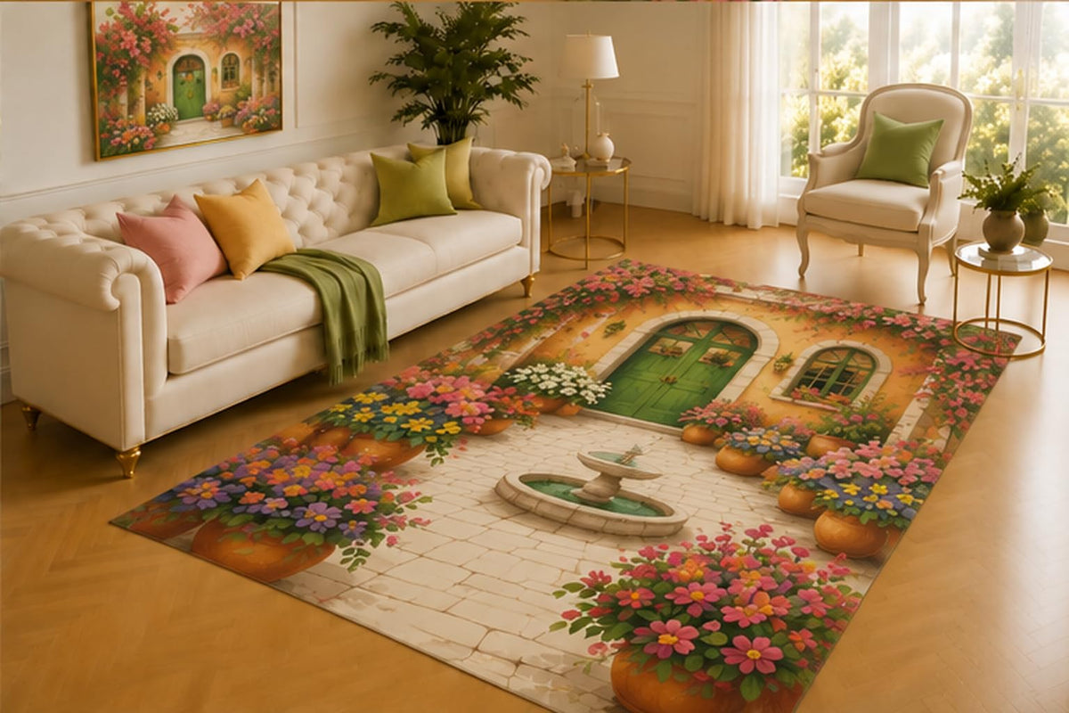 ICE ARMOR 5' x 7' Courtyard Garden Rug, Flower Pots, Green Door and Stone Fountain in a Charming Mediterranean Scene, Cozy Decor for Living Room or Entryway