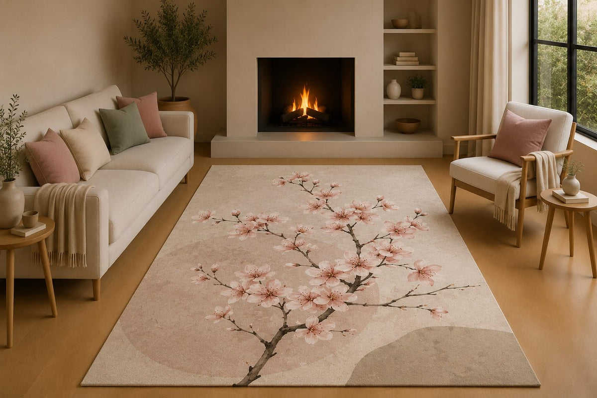 ICE ARMOR 5' x 7' Cherry Blossom Area Rug with Non-Slip Silicone Backing Low Pile Soft Carpet for Living Room Bedroom Nursery Soft Pink Floral Branch Decor