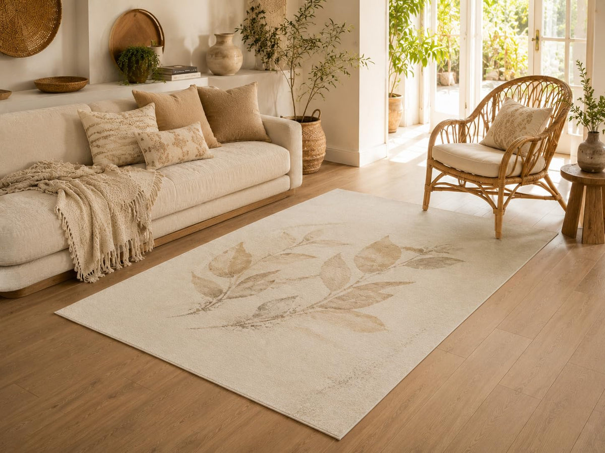ICE ARMOR 5' x 7' Botanical Leaf Sketch Area Rug, Soft Low Pile Indoor Rug with Non-Slip Silicone Backing, Decorative Carpet for Living Room, Bedroom, Dining Room, Office, Neutral Beige