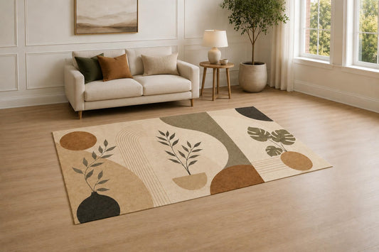 ICE ARMOR "Ultra Light Weight 5' x 7' Botanical Shapes Area Rug for Living Room, Bedroom and Home Office, Soft Low Pile Carpet with Non-Slip Silicone Backing, Beige and Olive