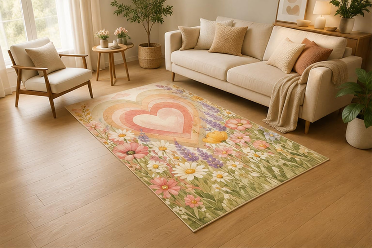 ICE ARMOR 5' x 7' Layered Heart Wildflower Meadow Area Rug, Soft Low Pile Indoor Rug with Non-Slip Silicone Backing for Living Room, Bedroom, Family Room, Nursery, Kids & Pets, Pink Green Beige